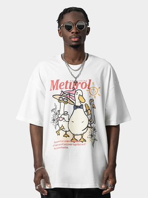 Moda euramericana Anatra Stampa di cotone Maglietta a manica corta Maschile Streetstyle